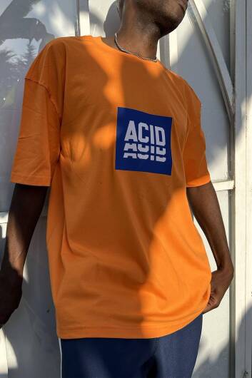 Acid Baskılı Turuncu Oversize Tişört - 4