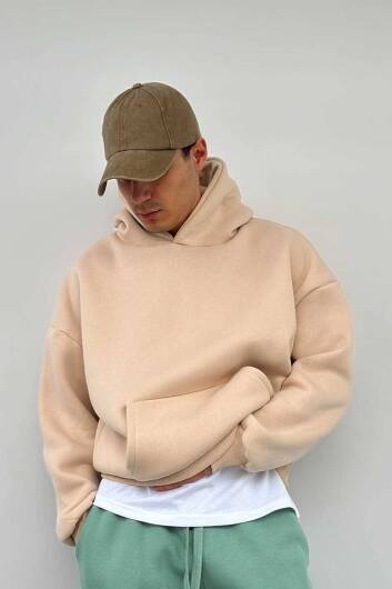 Bej Oversize Boxy Fit Hoodie 