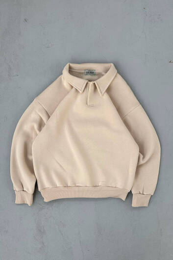 Bej Polo Yaka Oversize Sweatshirt - 1