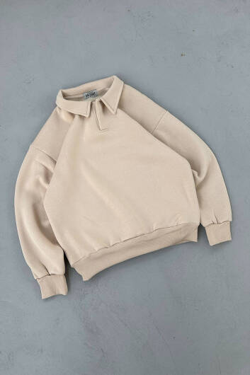 Bej Polo Yaka Oversize Sweatshirt - 2