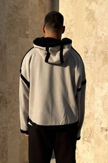 Çift Taraflı Siyah/Gri Polar Zip Hoodie - 6