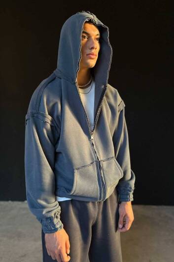 Füme 480 GSM Çift Taraflı Oversize Boxy Fit Zip Hoodie - 2