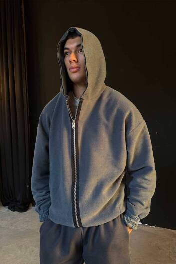 Füme 480 GSM Çift Taraflı Oversize Boxy Fit Zip Hoodie - 3