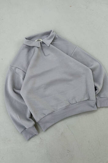 Gri Polo Yaka Oversize Sweatshirt - 2