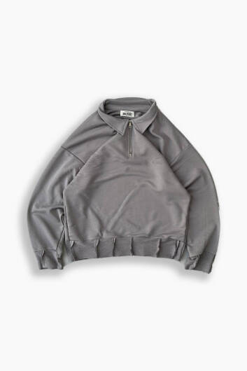 Gri Yarım Fermuar Polo Yaka Sweatshirt - 1