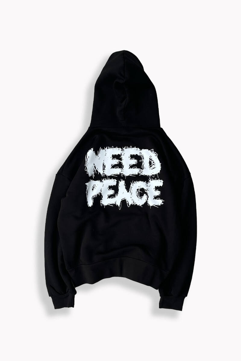 Need Peace Sİyah Oversize Boxy Fit Hoodie - 1