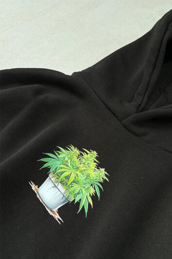 Marihuana Siyah Oversize Boxy Fit Hoodie - 3