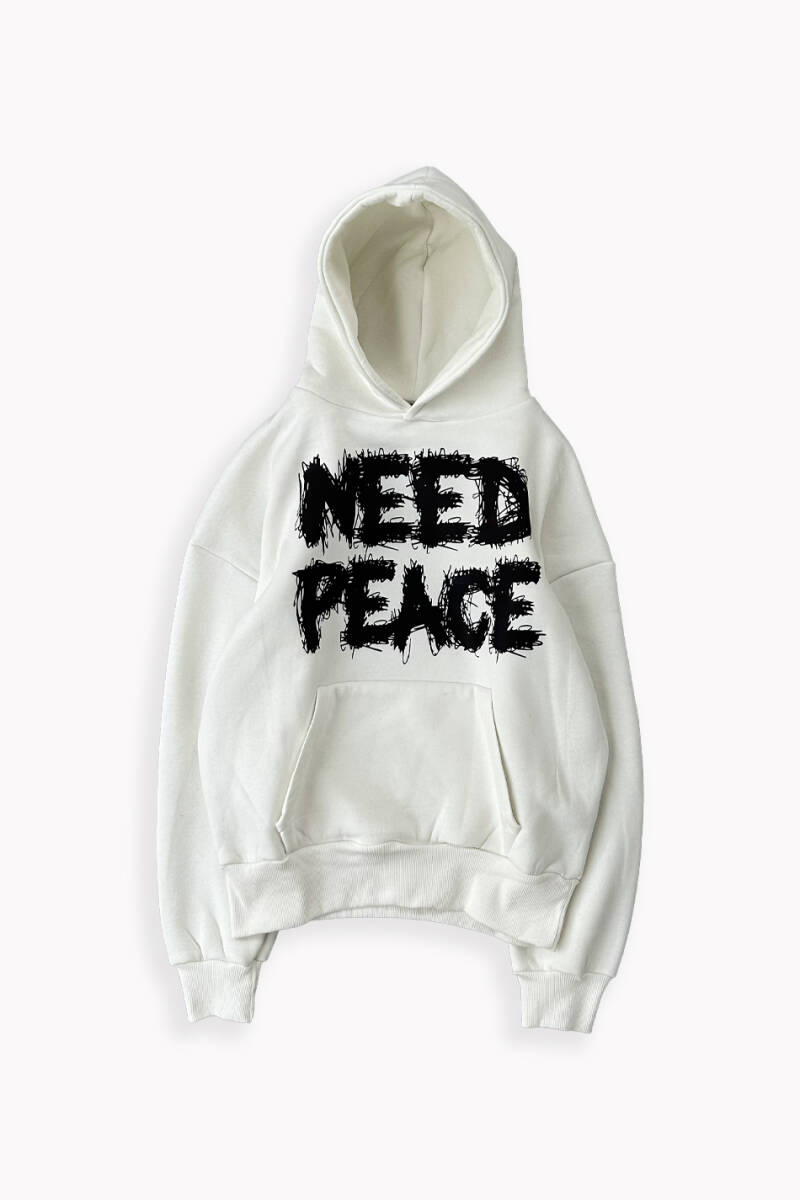 Need Peace Ekru Oversize Boxy Fit Hoodie - 1