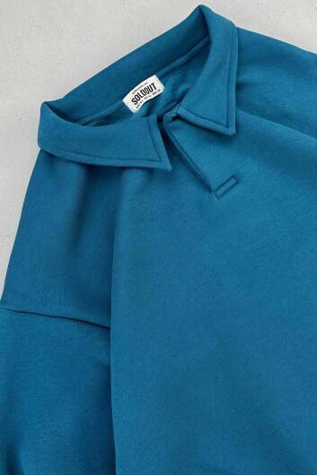 Petrol Mavi Polo Yaka Oversize Sweatshirt - 2