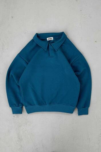 Petrol Mavi Polo Yaka Oversize Sweatshirt 