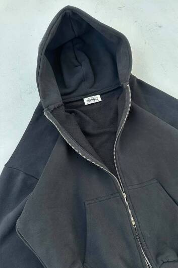 Siyah Heavyweight (550 GSM) Oversize Boxy Fit Zip Hoodie - 2