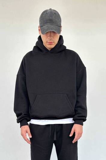 Siyah Oversize Boxy Fit Hoodie - 1