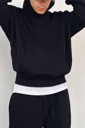 Siyah Oversize Boxy Fit Hoodie - 6