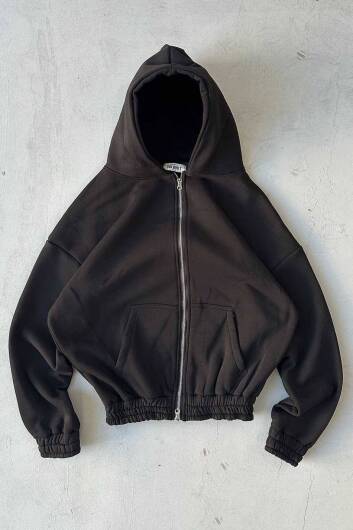 Siyah Oversize Boxy Fit Zip Hoodie 