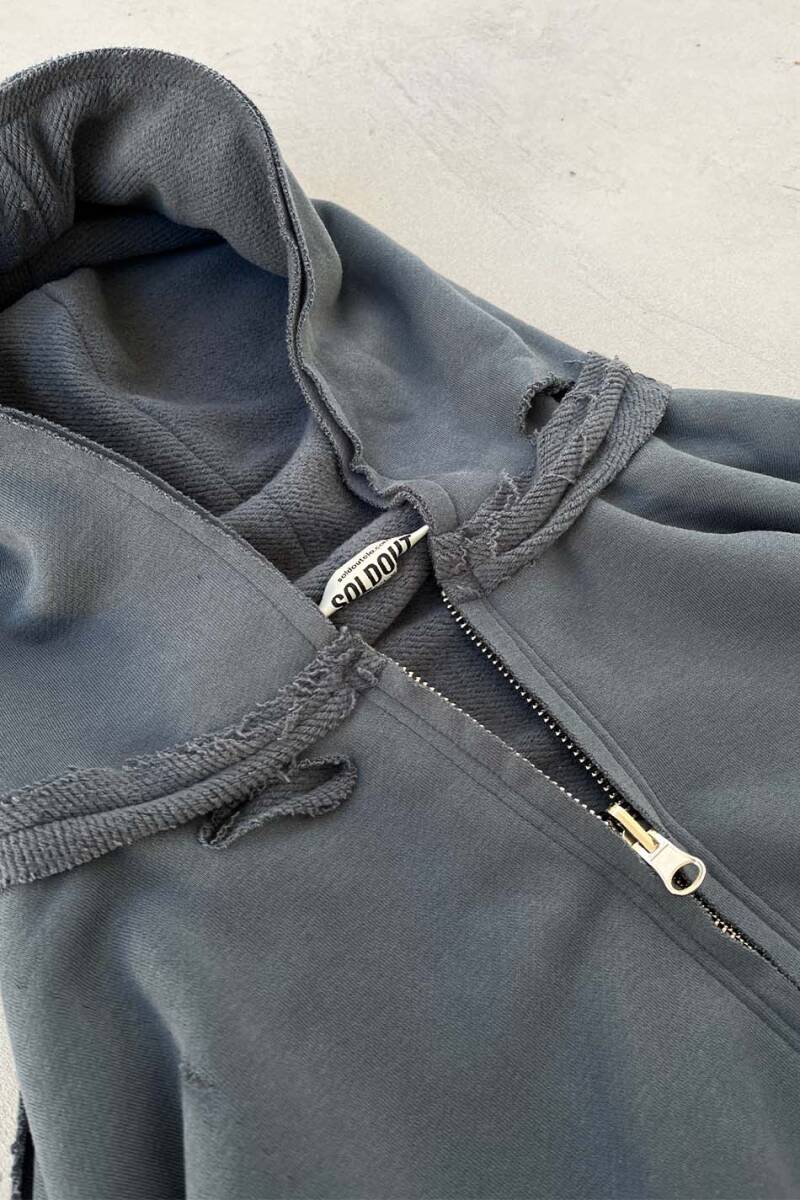 Füme Yırtık 550 GSM (Heavyweight) Çift Taraflı Boxy Fit Zip Hoodie - 3