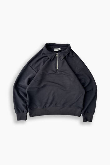 Siyah Yarım Fermuar Polo Yaka Sweatshirt 